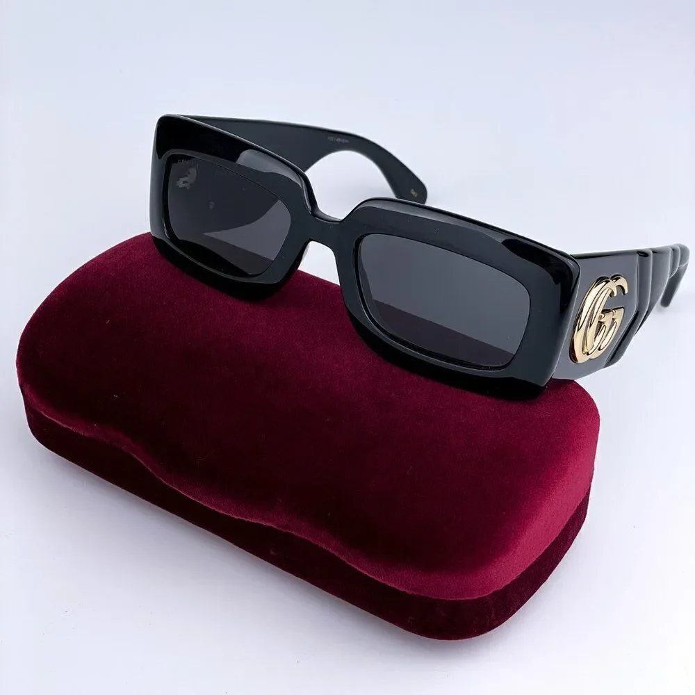 NEW Gucci GG0811S 001 Black Logo Gray Rectangle Anti-Reflective Unisex Sunglasse
